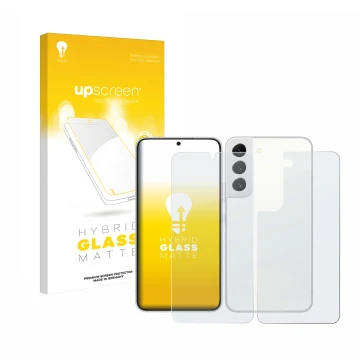 Front side of a product packaging with the brand logo upscreen. Next to it is the device Samsung Galaxy S22 5G (Front+Back) sh