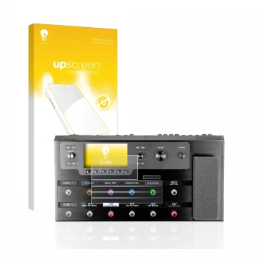 Front side of a product packaging with the brand logo upscreen. Next to it is the device Line 6 Helix Floor shown with the cor