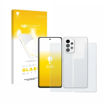 Front side of a product packaging with the brand logo upscreen. Next to it is the device Samsung Galaxy A53 5G (Front+Back) sh