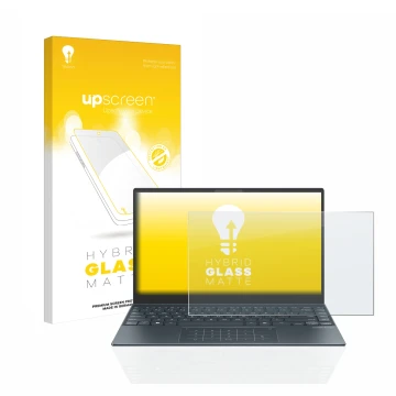 Front side of a product packaging with the brand logo upscreen. Next to it is the device ASUS ZenBook 13 OLED shown with the c