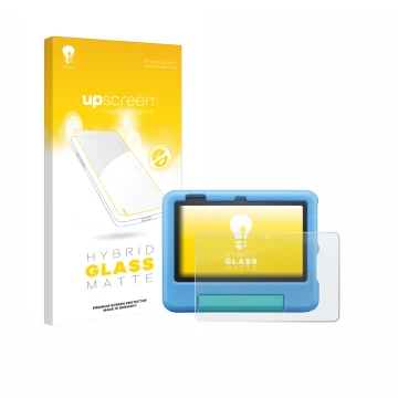 Front side of a product packaging with the brand logo upscreen. Next to it is the device Amazon Fire 7 Kids 2022 shown with th