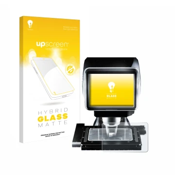 Front side of a product packaging with the brand logo upscreen. Next to it is the device Keyence LM-1100 Glass plate shown wit