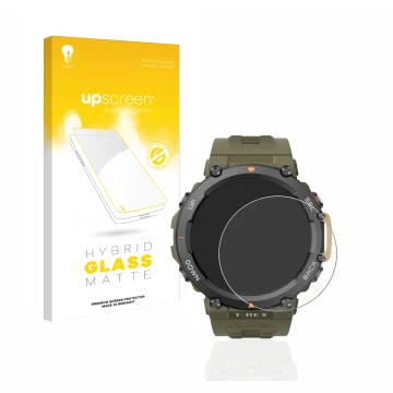 Front side of a product packaging with the brand logo upscreen. Next to it is the device Huami Amazfit T-Rex 2 shown with the 