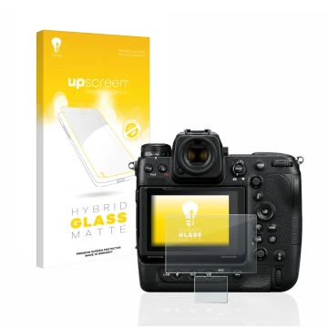 Front side of a product packaging with the brand logo upscreen. Next to it is the device Nikon Z 9 (Display + top plate displa
