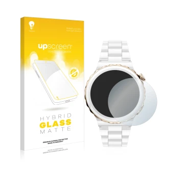 Front side of a product packaging with the brand logo upscreen. Next to it is the device Huawei Watch GT 3 Pro Ceramic (43mm) 