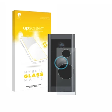 Front side of a product packaging with the brand logo upscreen. Next to it is the device Ring Video Doorbell Wired shown with 
