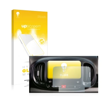 Front side of a product packaging with the brand logo upscreen. Next to it is the device Fiat 500L 2022 Uconnect 7