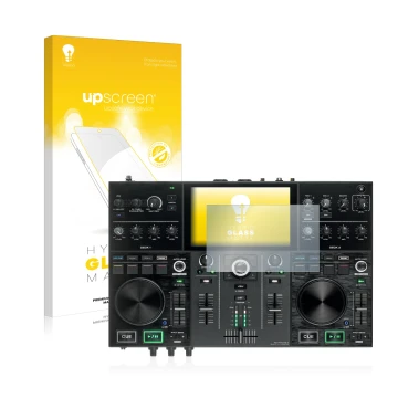 Front side of a product packaging with the brand logo upscreen. Next to it is the device Denon DJ Prime Go shown with the corr