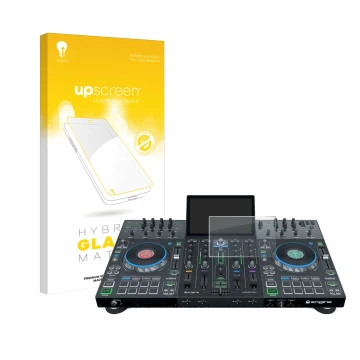 Front side of a product packaging with the brand logo upscreen. Next to it is the device Denon DJ Prime 4 shown with the corre