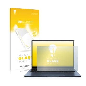 Front side of a product packaging with the brand logo upscreen. Next to it is the device ASUS ZenBook S13 OLED shown with the 