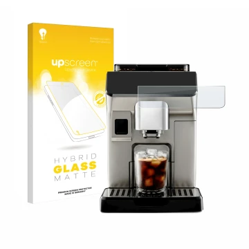 Front side of a product packaging with the brand logo upscreen. Next to it is the device DeLonghi Eletta Explore shown with th