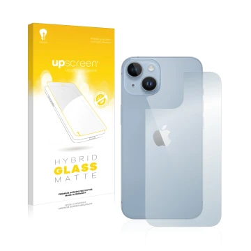 Front side of a product packaging with the brand logo upscreen. Next to it is the device Apple iPhone 14 (Back) shown with the