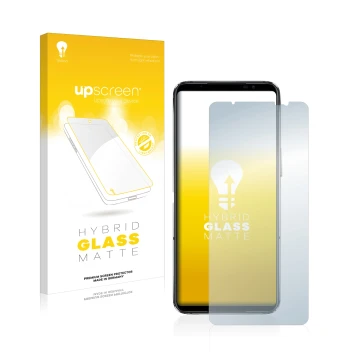 Front side of a product packaging with the brand logo upscreen. Next to it is the device ASUS ROG Phone 6D Ultimate shown with