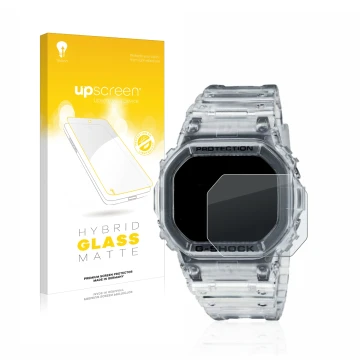 Front side of a product packaging with the brand logo upscreen. Next to it is the device Casio G-Shock DW-5600SKE-7 shown with