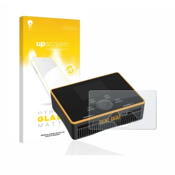 Front side of a product packaging with the brand logo upscreen. Next to it is the device Junsi iCharger DX8 Duo shown with the
