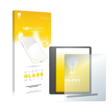 Front side of a product packaging with the brand logo upscreen. Next to it is the device Amazon Kindle Scribe shown with the c