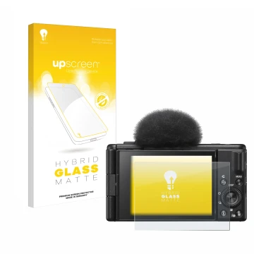 Front side of a product packaging with the brand logo upscreen. Next to it is the device Sony ZV-1F shown with the correspondi