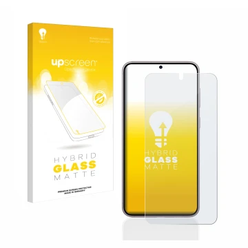 Front side of a product packaging with the brand logo upscreen. Next to it is the device Samsung Galaxy S23 shown with the cor