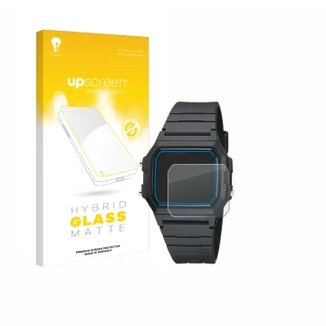 Front side of a product packaging with the brand logo upscreen. Next to it is the device Casio F-105W-1AWYEF shown with the co