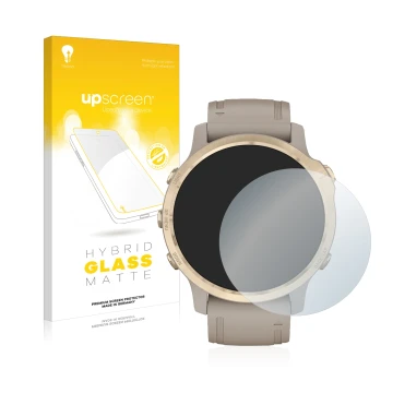 Front side of a product packaging with the brand logo upscreen. Next to it is the device Garmin Fenix 6S Pro Solar shown with 