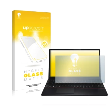 Front side of a product packaging with the brand logo upscreen. Next to it is the device Fujitsu Lifebook E5512 shown with the