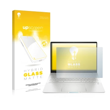 Front side of a product packaging with the brand logo upscreen. Next to it is the device HP Pavilion Plus 14-eh shown with the