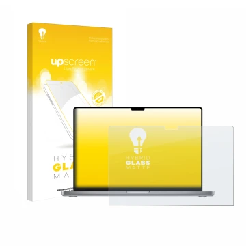 Front side of a product packaging with the brand logo upscreen. Next to it is the device Apple MacBook Pro 16