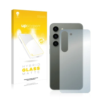 Front side of a product packaging with the brand logo upscreen. Next to it is the device Samsung Galaxy S23 (Back) shown with 