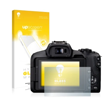 Front side of a product packaging with the brand logo upscreen. Next to it is the device Canon EOS R50 shown with the correspo