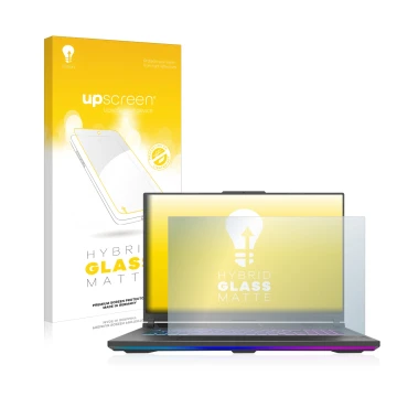 Front side of a product packaging with the brand logo upscreen. Next to it is the device ASUS ROG Strix G18 G814 2023 shown wi