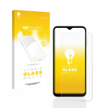 Front side of a product packaging with the brand logo upscreen. Next to it is the device Samsung Galaxy A14 4G shown with the 