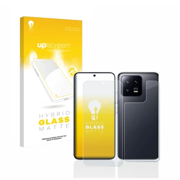 Front side of a product packaging with the brand logo upscreen. Next to it is the device Xiaomi 13 (Front+Back) shown with the