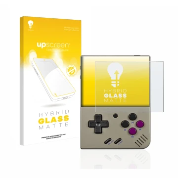 Front side of a product packaging with the brand logo upscreen. Next to it is the device Miyoo Mini Plus shown with the corres