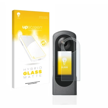 Front side of a product packaging with the brand logo upscreen. Next to it is the device Ricoh Theta X shown with the correspo