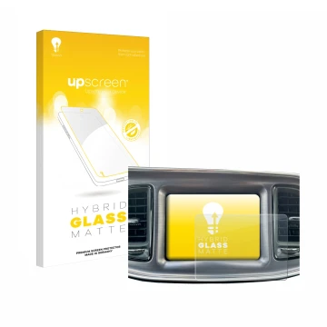 Front side of a product packaging with the brand logo upscreen. Next to it is the device Dodge Challenger Uconnect 8.4