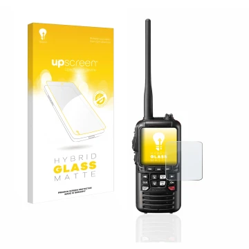 Front side of a product packaging with the brand logo upscreen. Next to it is the device Standard Horizon HX890 shown with the
