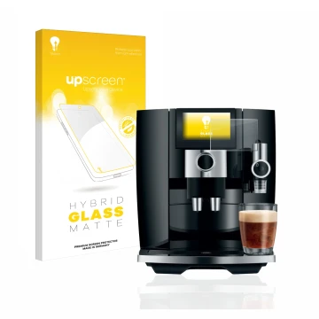 Front side of a product packaging with the brand logo upscreen. Next to it is the device Jura J8 shown with the corresponding 