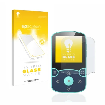 Front side of a product packaging with the brand logo upscreen. Next to it is the device AGPtek A65X MP3 Player with clip show