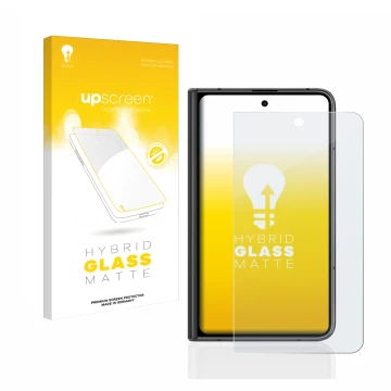 Front side of a product packaging with the brand logo upscreen. Next to it is the device Google Pixel Fold (Outer display) sho