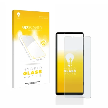 Front side of a product packaging with the brand logo upscreen. Next to it is the device Sony Xperia 1 V shown with the corres