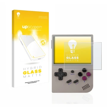 Front side of a product packaging with the brand logo upscreen. Next to it is the device Anbernic RG35XX shown with the corres