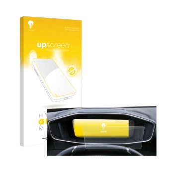Front side of a product packaging with the brand logo upscreen. Next to it is the device Peugeot 2008 2022 Cockpit shown with 