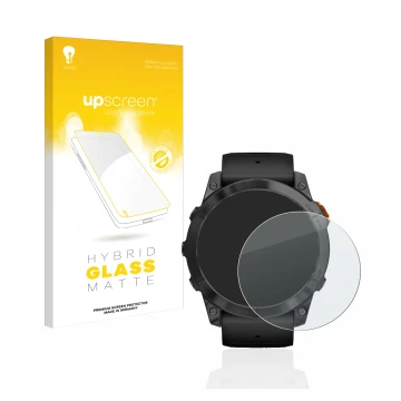 Front side of a product packaging with the brand logo upscreen. Next to it is the device Garmin Fenix 7X Pro Solar (51 mm) sho