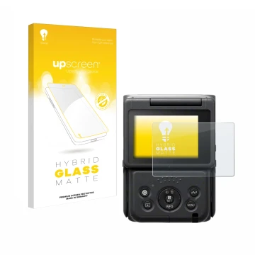 Front side of a product packaging with the brand logo upscreen. Next to it is the device Canon PowerShot V10 Vlog Camera shown