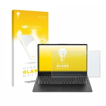 Front side of a product packaging with the brand logo upscreen. Next to it is the device Lenovo V15 Gen 4 AMN shown with the c