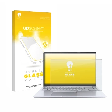 Front side of a product packaging with the brand logo upscreen. Next to it is the device ASUS Vivobook 16 M1605 shown with the