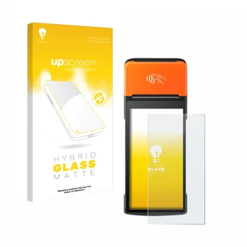 Front side of a product packaging with the brand logo upscreen. Next to it is the device Sunmi V2 Pro shown with the correspon