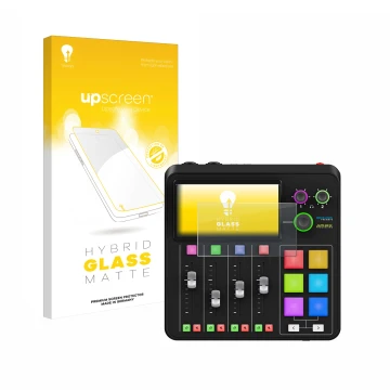 Front side of a product packaging with the brand logo upscreen. Next to it is the device Rode Rodecaster Duo shown with the co