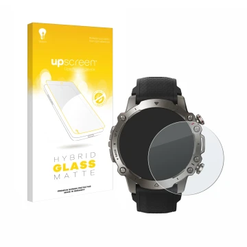 Front side of a product packaging with the brand logo upscreen. Next to it is the device Huami Amazfit Falcon shown with the c