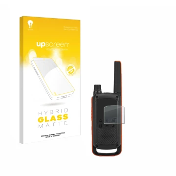 Front side of a product packaging with the brand logo upscreen. Next to it is the device Motorola Talkabout T82 shown with the